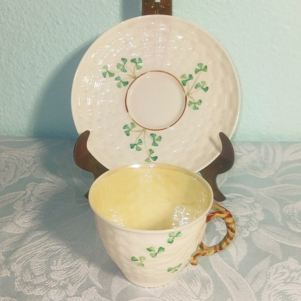 Gorgeous Vintage Irish Belleek Shamrock and Basketweave Cup and Saucer 5th Mark